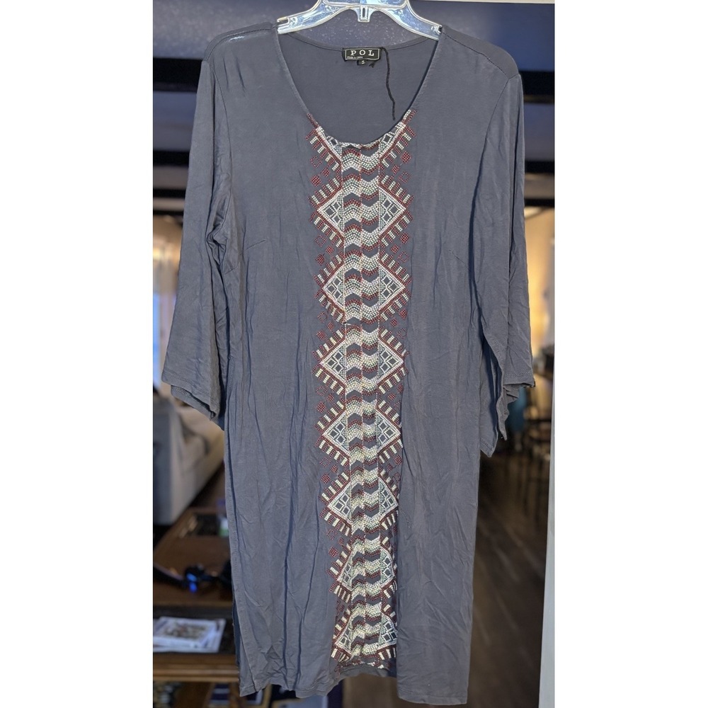 POL Boho Tunic Top‎ Womens Small Gray Embroidered Tribal Pattern Flowy Boutique